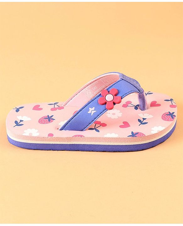 Cute Walk by Babyhug Slip On Flip Flops with Heart & Strawberry Print & Floral Applique - Pink