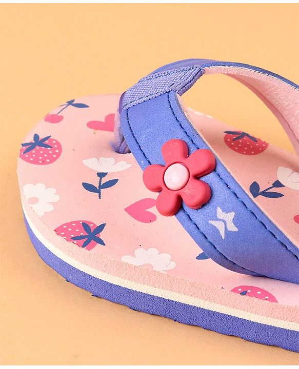 Cute Walk by Babyhug Slip On Flip Flops with Heart & Strawberry Print & Floral Applique - Pink