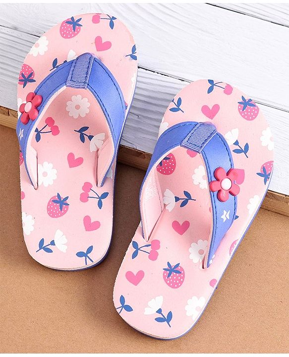 Cute Walk by Babyhug Slip On Flip Flops with Heart & Strawberry Print & Floral Applique - Pink