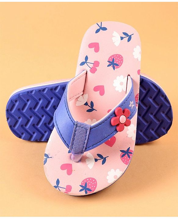 Cute Walk by Babyhug Slip On Flip Flops with Heart & Strawberry Print & Floral Applique - Pink