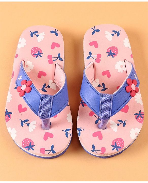 Cute Walk by Babyhug Slip On Flip Flops with Heart & Strawberry Print & Floral Applique - Pink