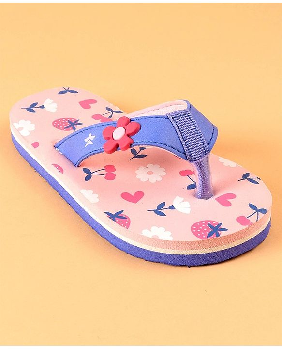 Cute Walk by Babyhug Slip On Flip Flops with Heart & Strawberry Print & Floral Applique - Pink