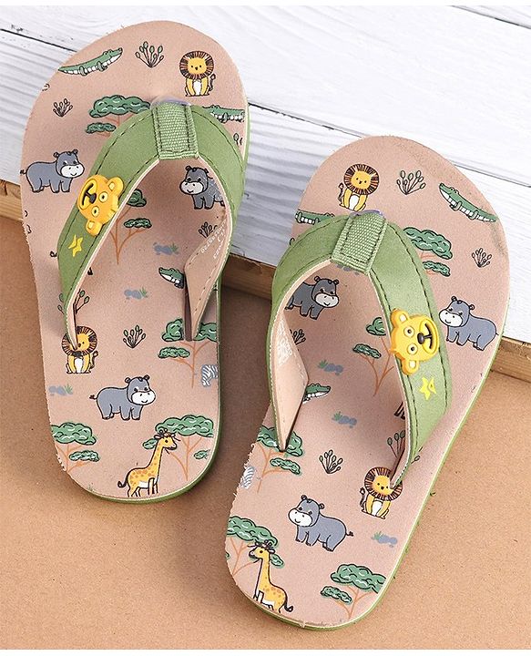 Cute Walk by Babyhug Slip On Flip Flops with Wild Animal Print & Applique- Green