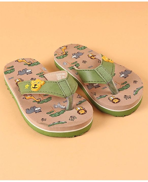 Cute Walk by Babyhug Slip On Flip Flops with Wild Animal Print & Applique- Green