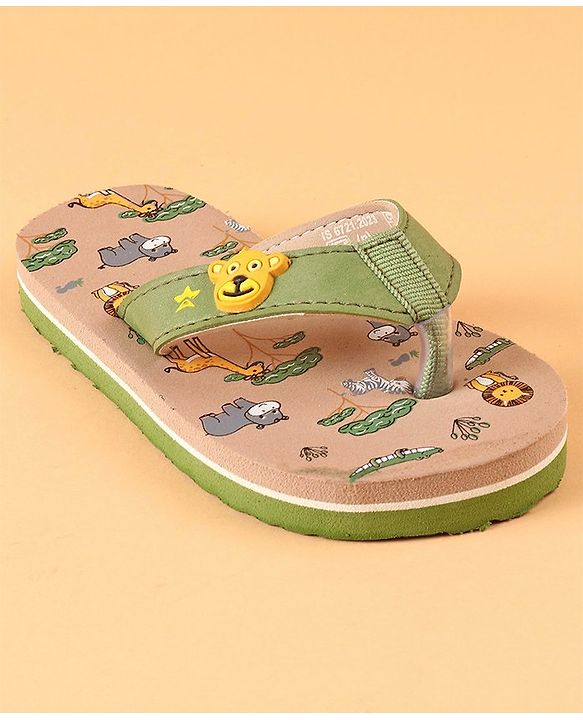Cute Walk by Babyhug Slip On Flip Flops with Wild Animal Print & Applique- Green