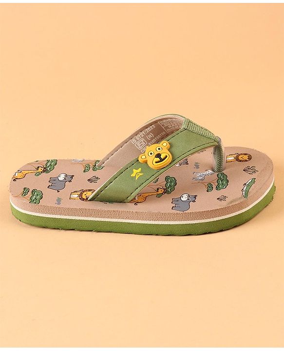 Cute Walk by Babyhug Slip On Flip Flops with Wild Animal Print & Applique- Green