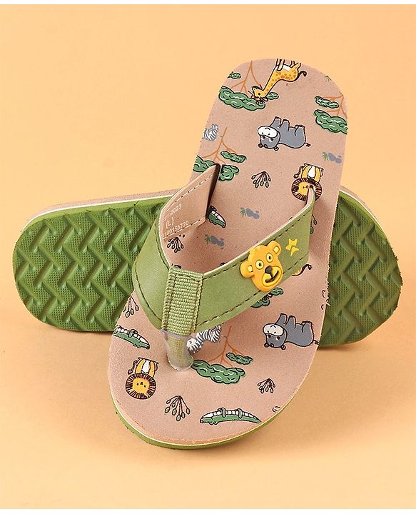 Cute Walk by Babyhug Slip On Flip Flops with Wild Animal Print & Applique- Green