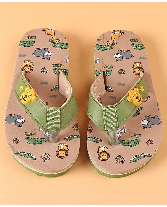 Cute Walk by Babyhug Slip On Flip Flops with Wild Animal Print & Applique- Green