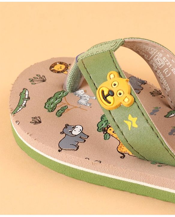 Cute Walk by Babyhug Slip On Flip Flops with Wild Animal Print & Applique- Green