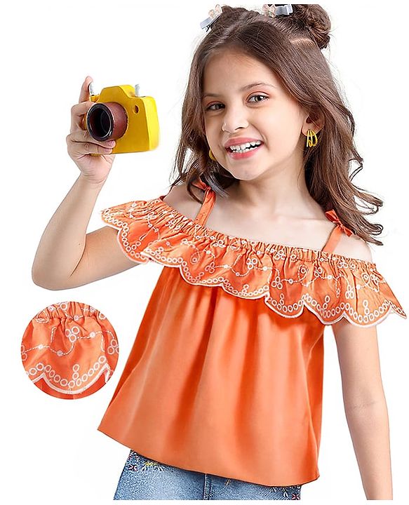 Babyhug Rayon Woven Sleeveless Cropped Top with Schiffli Detailing - Orange