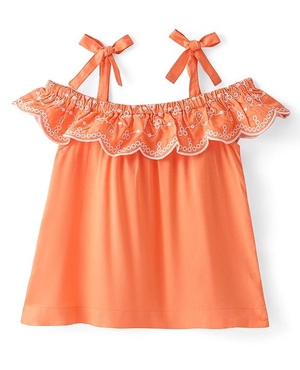 Babyhug Rayon Woven Sleeveless Cropped Top with Schiffli Detailing - Orange