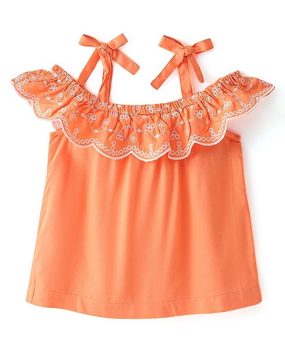 Babyhug Rayon Woven Sleeveless Cropped Top with Schiffli Detailing - Orange