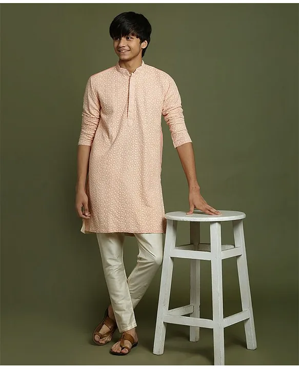 Buy Vastramay Yuva Full Sleeves Floral Chikankari Embroidered Georgette  Kurta With Pyjama Light Pink & Cream for Boys (14-15Years) Online in India,  Shop at  - 15697831