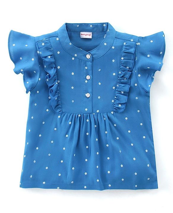 Babyhug Rayon Woven Frill Sleeves Top Dot Print- Blue