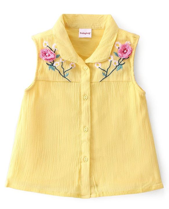 Babyhug Woven Sleeveless Floral Embroidery Crinkle Crepe Top - Yellow