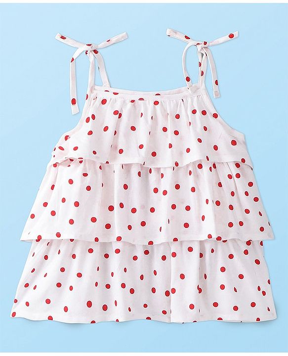 Babyhug Rayon Woven Sleeveless Top With Polka Dots Print - White & Red