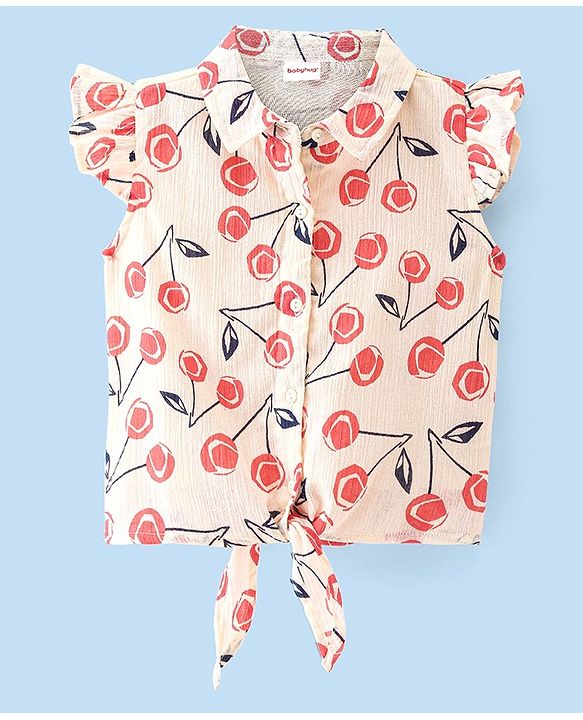 Babyhug Rayon Woven Frill Sleeves Top with Cherry Print & Knot Detailing - White & Peach