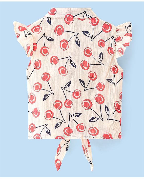 Babyhug Rayon Woven Frill Sleeves Top with Cherry Print & Knot Detailing - White & Peach