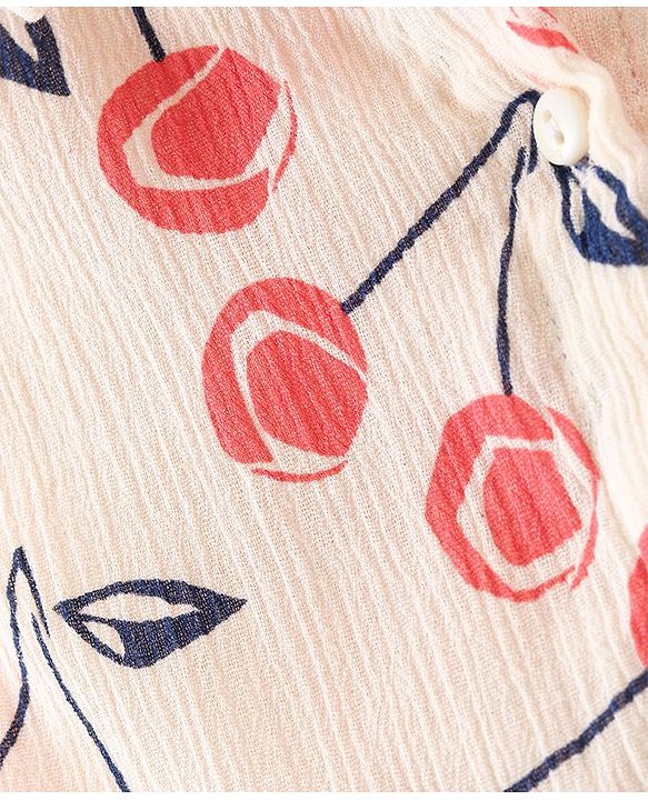 Babyhug Rayon Woven Frill Sleeves Top with Cherry Print & Knot Detailing - White & Peach