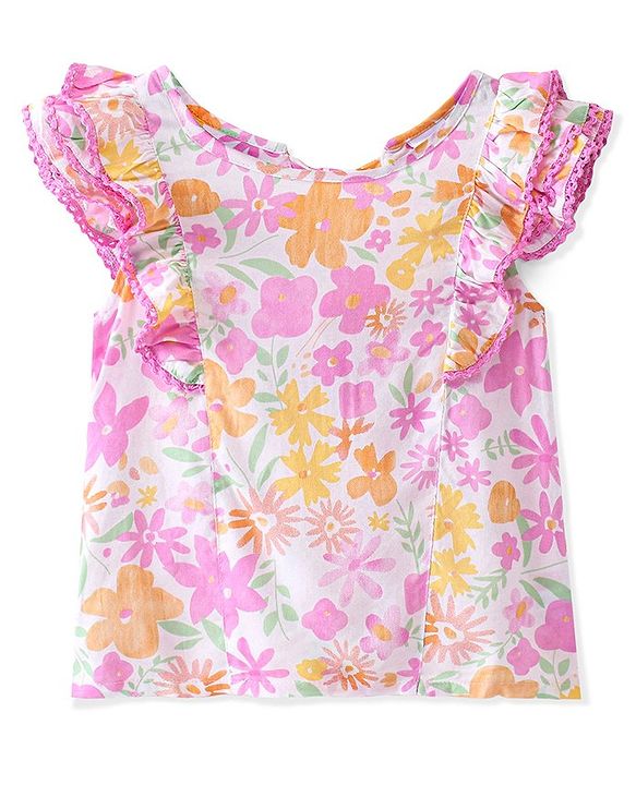 Babyhug Rayon Half Sleeves Top Floral Print- White & Pink