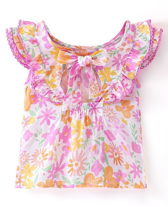 Babyhug Rayon Half Sleeves Top Floral Print- White & Pink