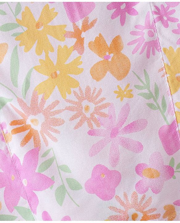 Babyhug Rayon Half Sleeves Top Floral Print- White & Pink