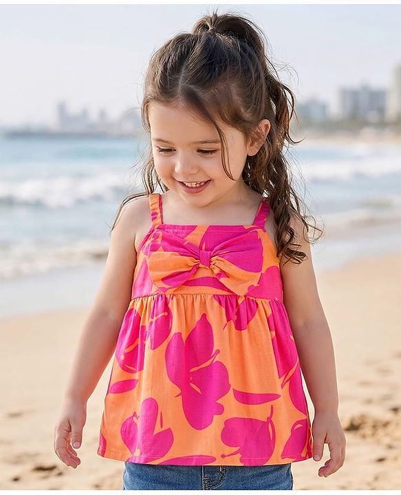 Babyhug Rayon Woven Sleeveless Floral Printed Singlet Top with Bow Applique - Mustard Yellow & Pink