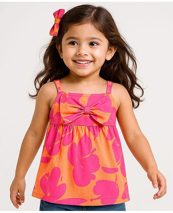Babyhug Rayon Woven Sleeveless Floral Printed Singlet Top with Bow Applique - Mustard Yellow & Pink
