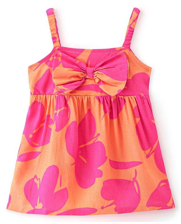 Babyhug Rayon Woven Sleeveless Floral Printed Singlet Top with Bow Applique - Mustard Yellow & Pink