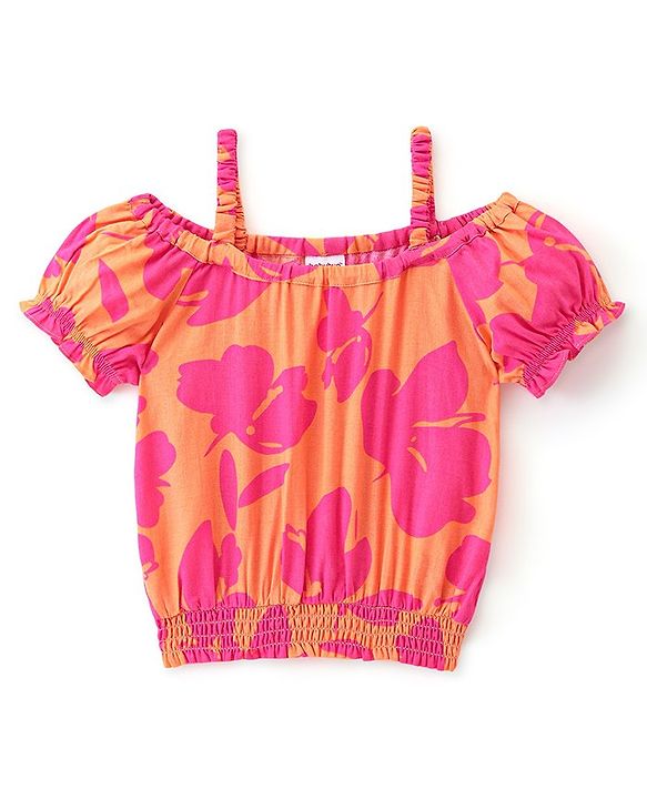Babyhug Rayon Woven Half Sleeves Floral Printed Singlet Top - Mustard Yellow & Pink