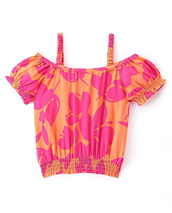 Babyhug Rayon Woven Half Sleeves Floral Printed Singlet Top - Mustard Yellow & Pink