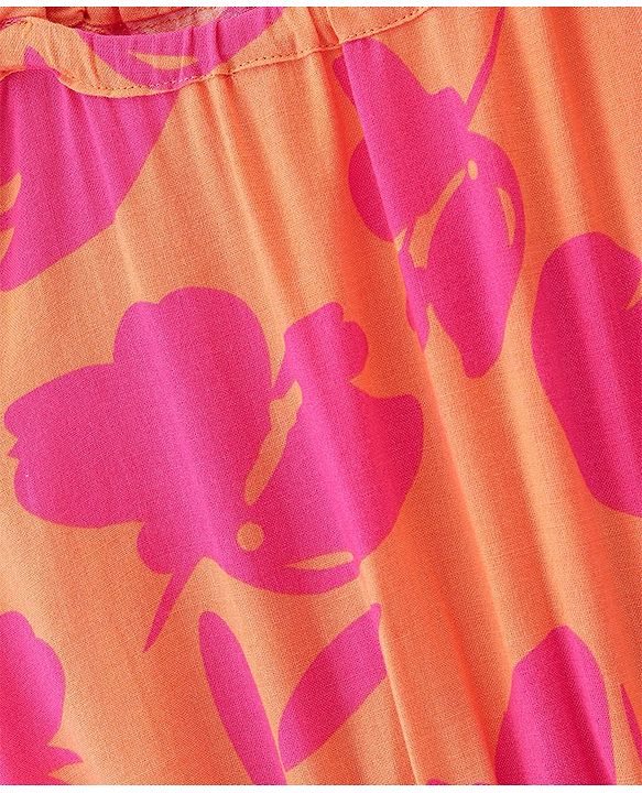 Babyhug Rayon Woven Half Sleeves Floral Printed Singlet Top - Mustard Yellow & Pink