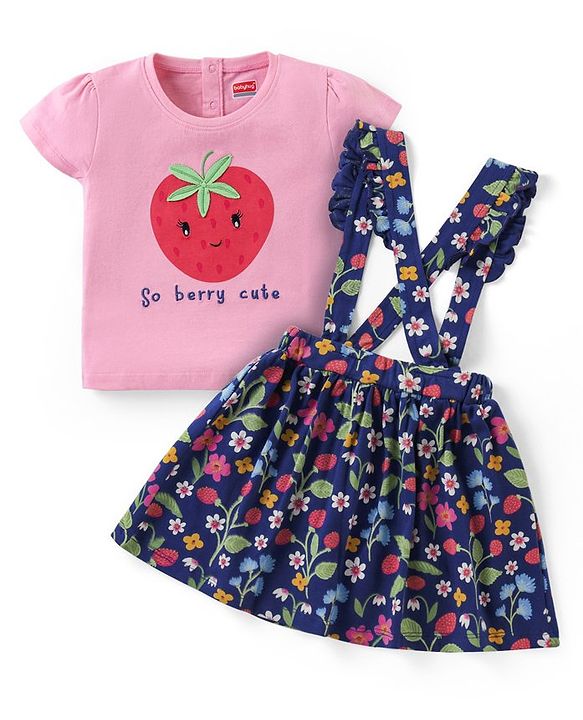 Babyhug Cotton Knit Half Sleeves Top & Floral Printed Skirt Set With Strawberry Applique - Pink & Blue