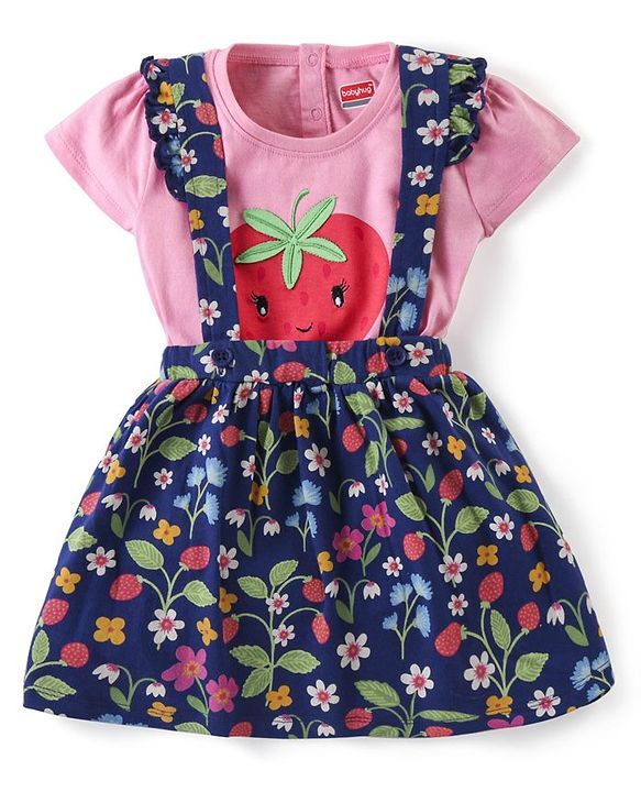Babyhug Cotton Knit Half Sleeves Top & Floral Printed Skirt Set With Strawberry Applique - Pink & Blue