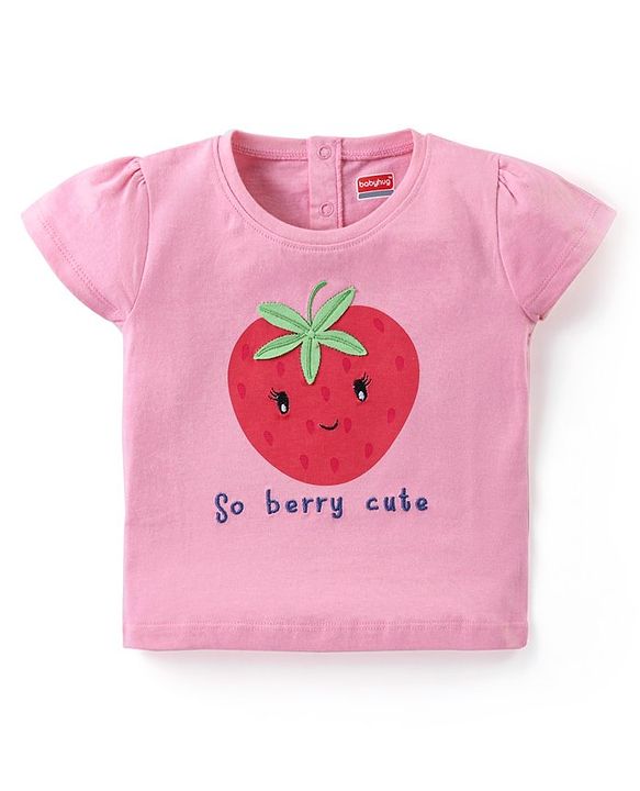 Babyhug Cotton Knit Half Sleeves Top & Floral Printed Skirt Set With Strawberry Applique - Pink & Blue