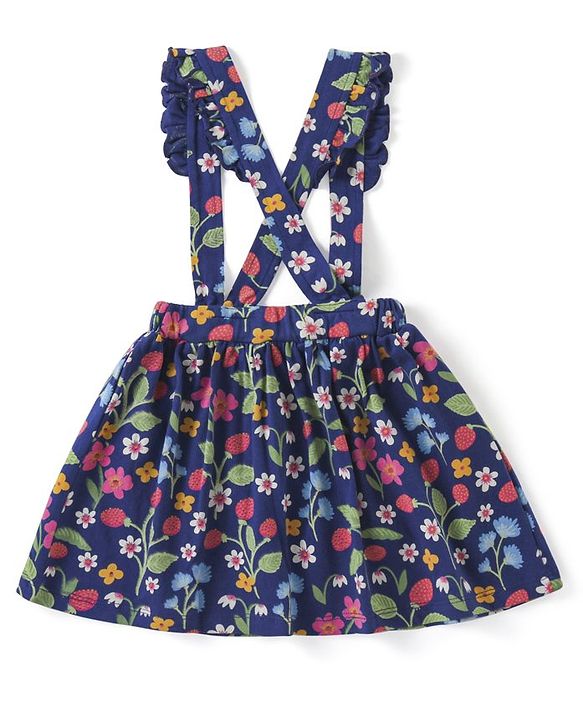 Babyhug Cotton Knit Half Sleeves Top & Floral Printed Skirt Set With Strawberry Applique - Pink & Blue
