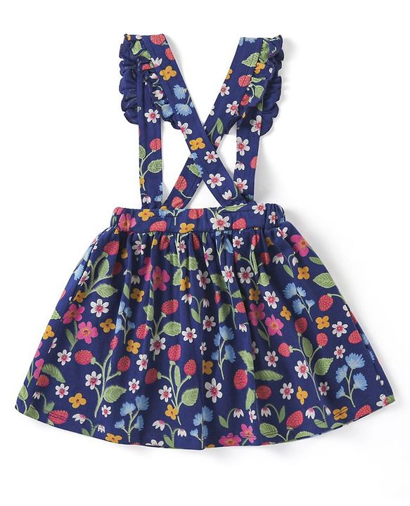 Babyhug Cotton Knit Half Sleeves Top & Floral Printed Skirt Set With Strawberry Applique - Pink & Blue