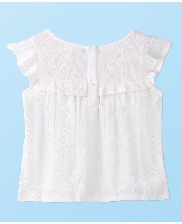Babyhug 100% Rayon Woven Crinkle Crepe Frill Sleeves Woven Top With Floral Embroidery - White