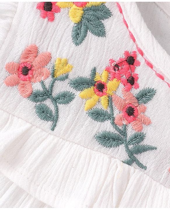 Babyhug 100% Rayon Woven Crinkle Crepe Frill Sleeves Woven Top With Floral Embroidery - White
