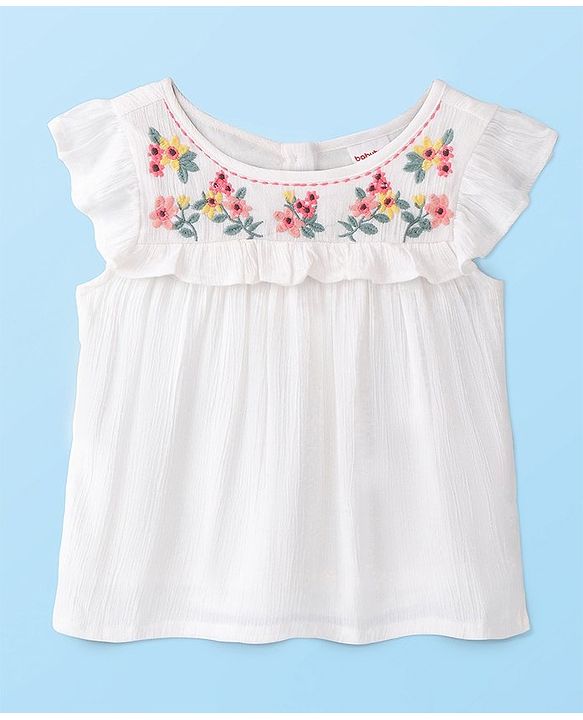 Babyhug 100% Rayon Woven Crinkle Crepe Frill Sleeves Woven Top With Floral Embroidery - White