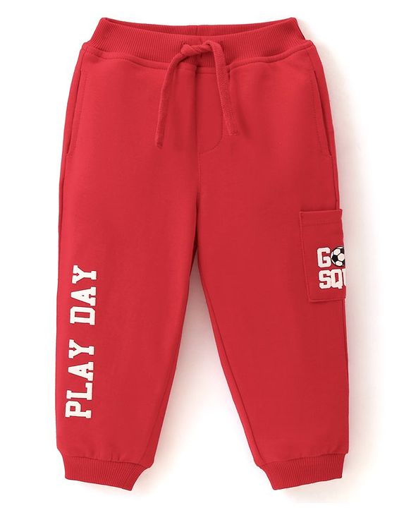 Babyhug Cotton Looper Full Length Lounge Pant With Text Print - Red