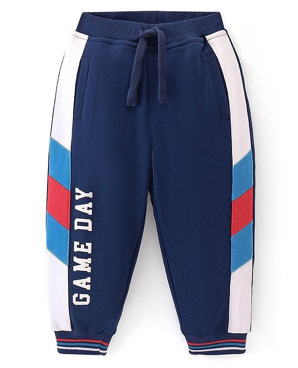 Babyhug Cotton Looper Full Length Text Printed Track Pants - Navy Blue