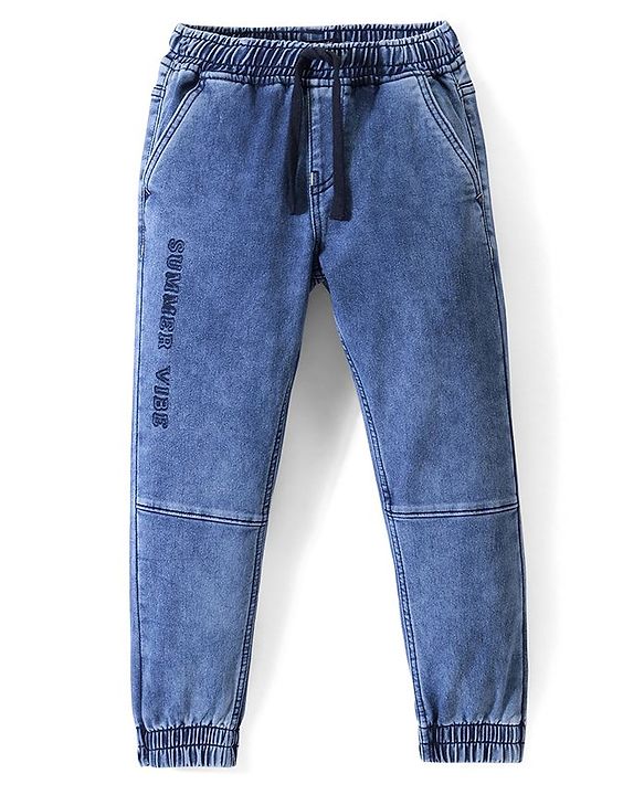 Pine Kids Cotton Rich Stretchable full length denim Joggers with Embroidery and Print - Blue