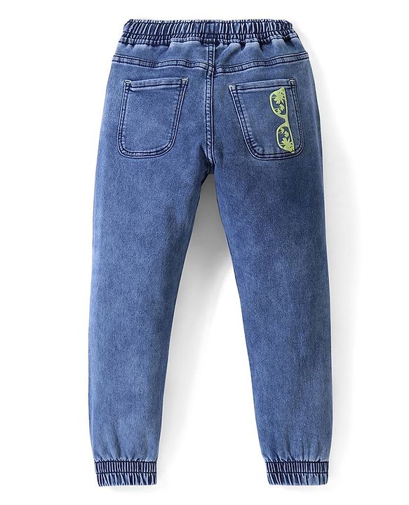 Pine Kids Cotton Rich Stretchable full length denim Joggers with Embroidery and Print - Blue