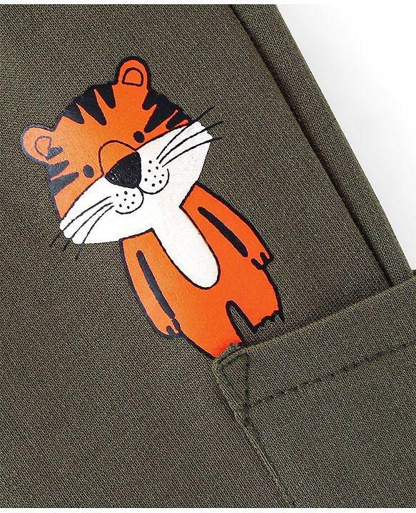 Babyhug Cotton Looper Knit Lounge Pant Fox Print - Olive Green