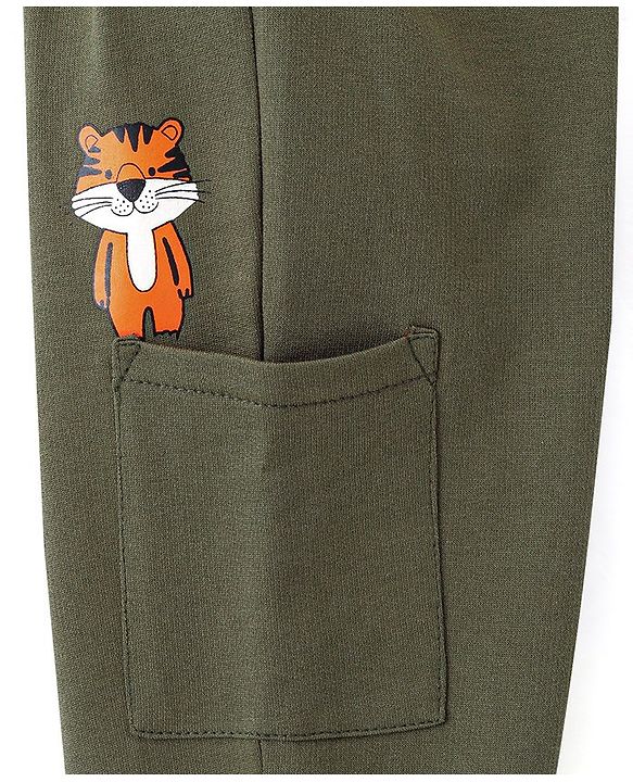 Babyhug Cotton Looper Knit Lounge Pant Fox Print - Olive Green
