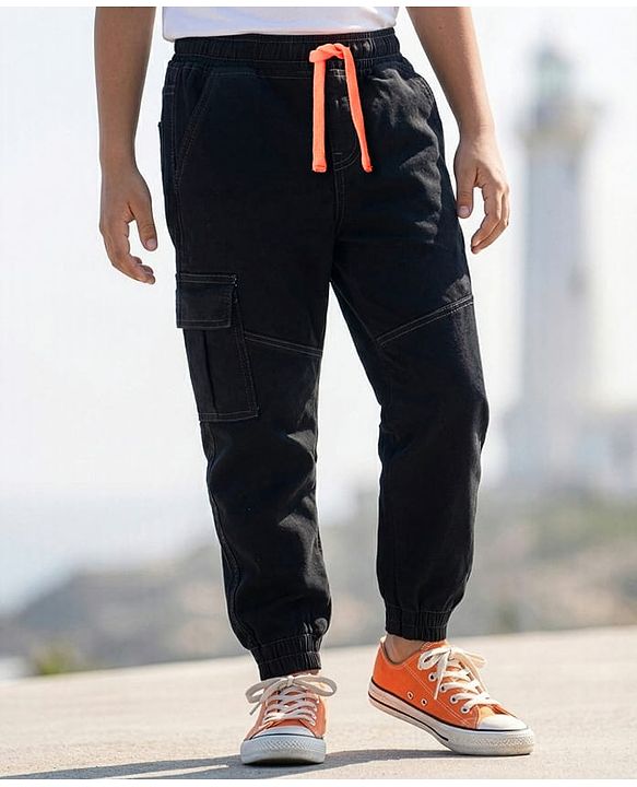 Pine Kids Cotton Rich Stretchable full length denim Joggers with Cargo Pockets - Black