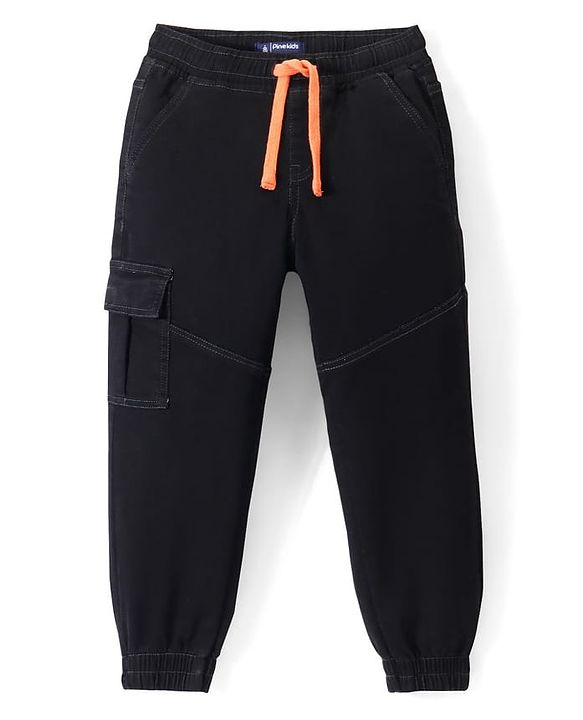 Pine Kids Cotton Rich Stretchable full length denim Joggers with Cargo Pockets - Black