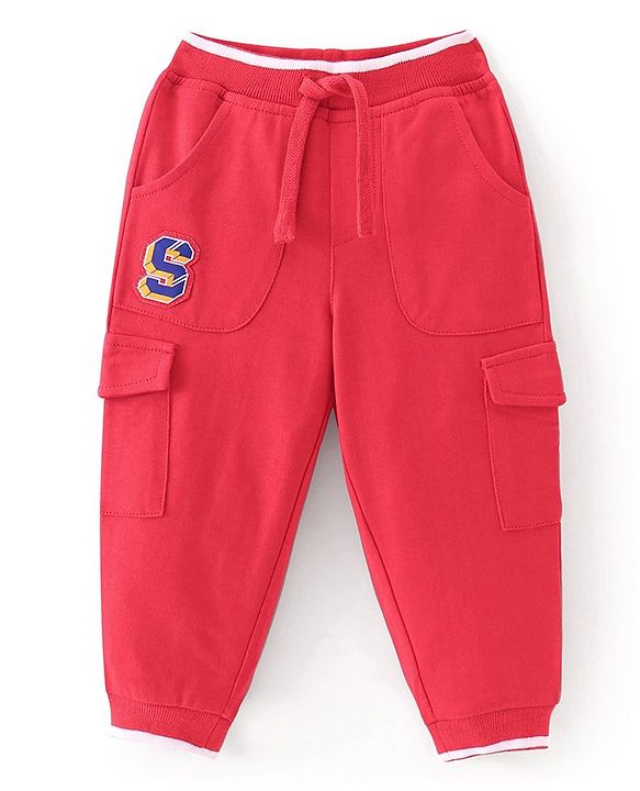 Babyhug Cotton Looper Knit Full Length Lounge Pants With Text Patch - Red