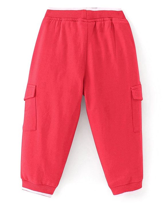 Babyhug Cotton Looper Knit Full Length Lounge Pants With Text Patch - Red